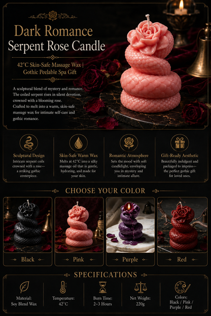 Dark Romance Serpent Rose Candle | 42°C Skin-Safe Massage Wax | Gothic Peelable Spa Gift