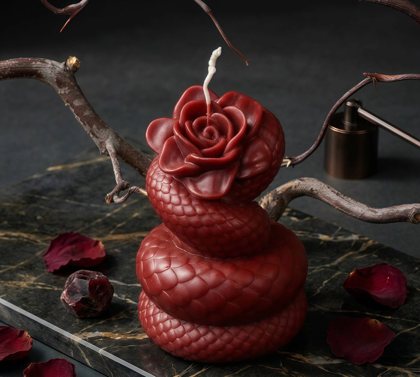 Dark Romance Serpent Rose Candle | 42°C Skin-Safe Massage Wax | Gothic Peelable Spa Gift