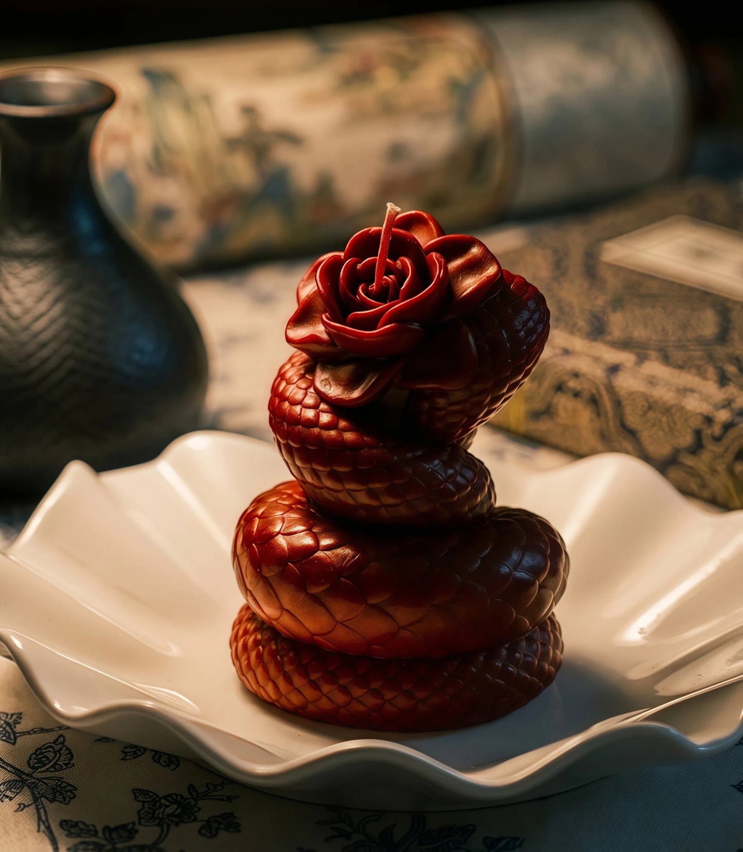 Dark Romance Serpent Rose Candle | 42°C Skin-Safe Massage Wax | Gothic Peelable Spa Gift